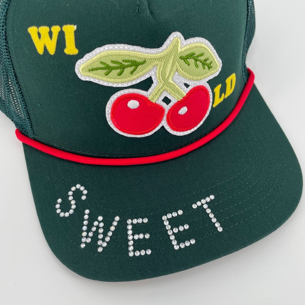 MOTHER The 10-4 Wild Cherries Trucker Hat Sweet Rhinestone Brim NWT OS Green - Picture 9 of 9